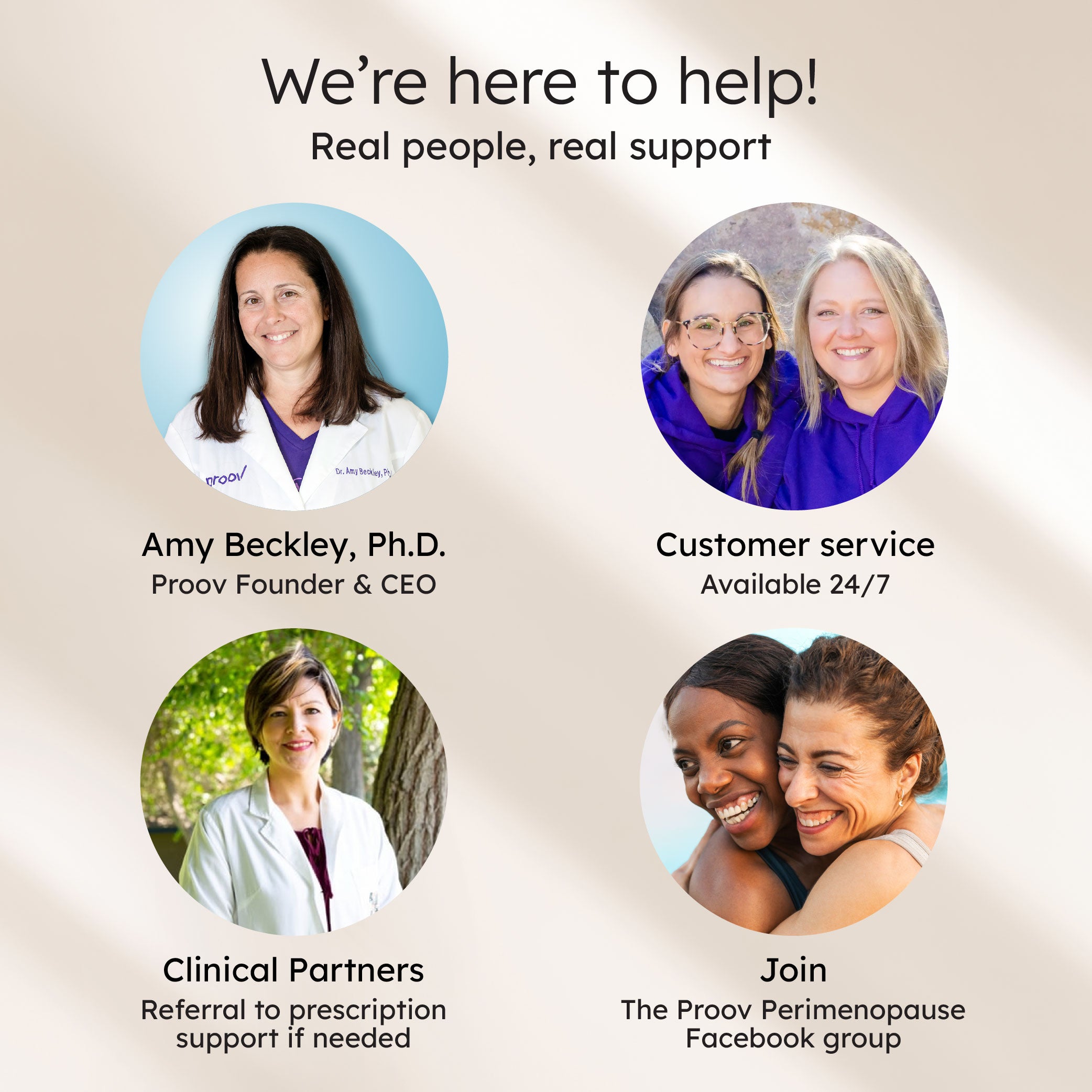 Proov support team photo, including a founder, customer service, clinical partners, and a community group.