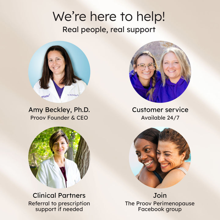 Proov support team photo, including a founder, customer service, clinical partners, and a community group.