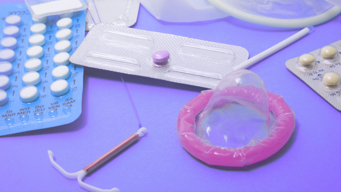 Purple image showing multiple types of birth control, including an IUD, birth control pills, a condom, and Plan B