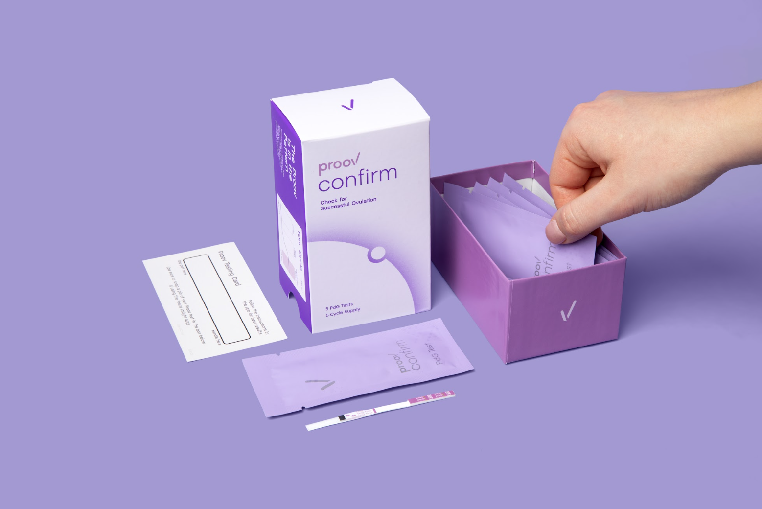 Proov Confirm Successful Ovulation Kit being unboxed against a purple background