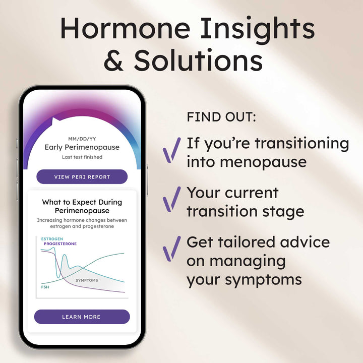 A smartphone displays information about hormone insights and solutions for menopause.